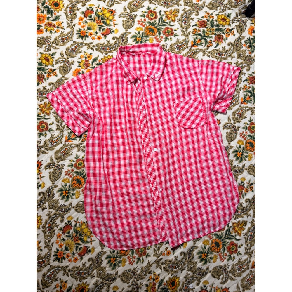 Vintage Red White Gingham Plaid Short Sleeve Button Down Shirt Women